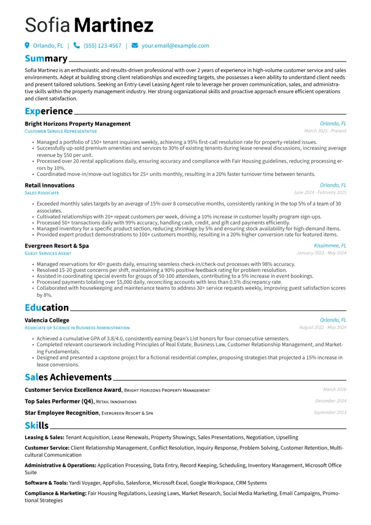 Entry-Level Leasing Agent Resume Example CV template preview