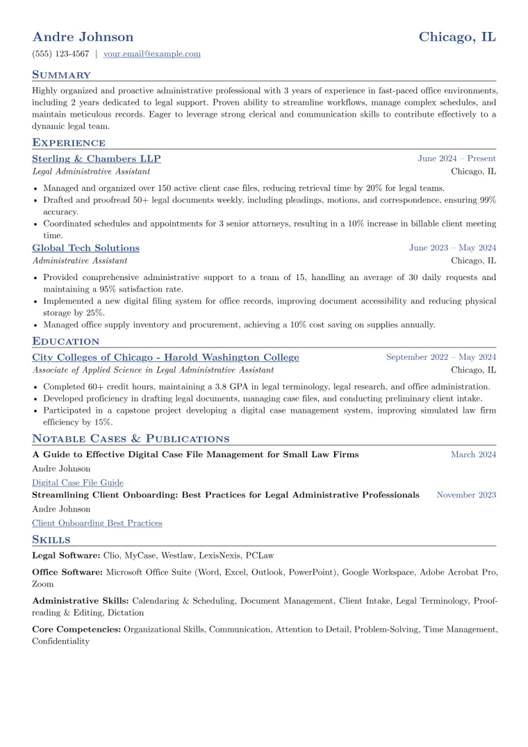 Entry-Level Legal Secretary Resume Example CV template preview