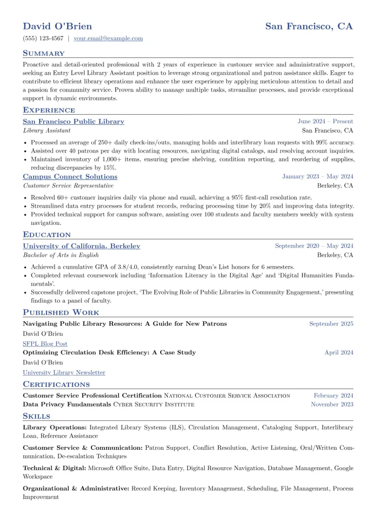 Entry Level Library Assistant Resume Example preview