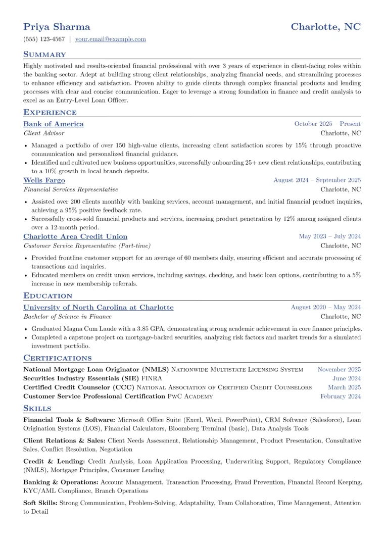 Entry-Level Loan Officer Resume Example CV template preview