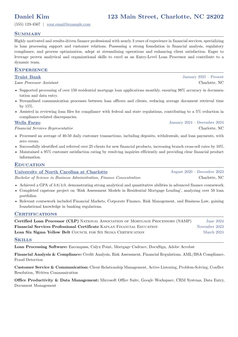 Entry-Level Loan Processor Resume Example preview