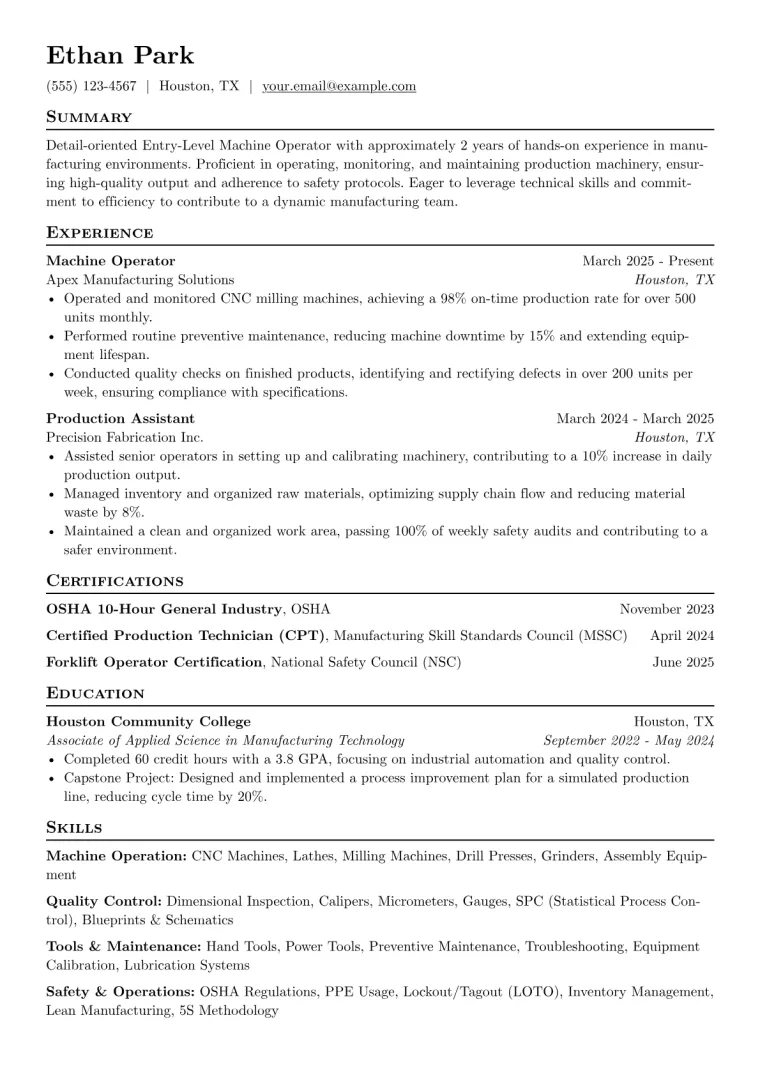 Entry-Level Machine Operator Resume Example preview