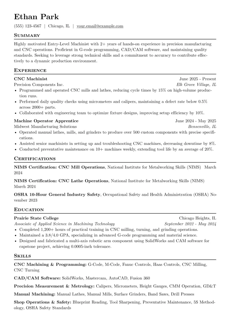 Entry-Level Machinist Resume Example preview