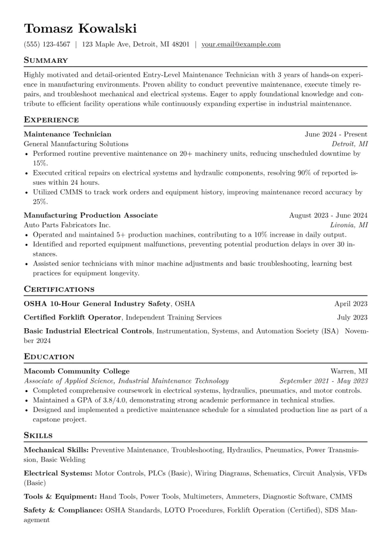Entry Level Maintenance Technician Resume Example preview
