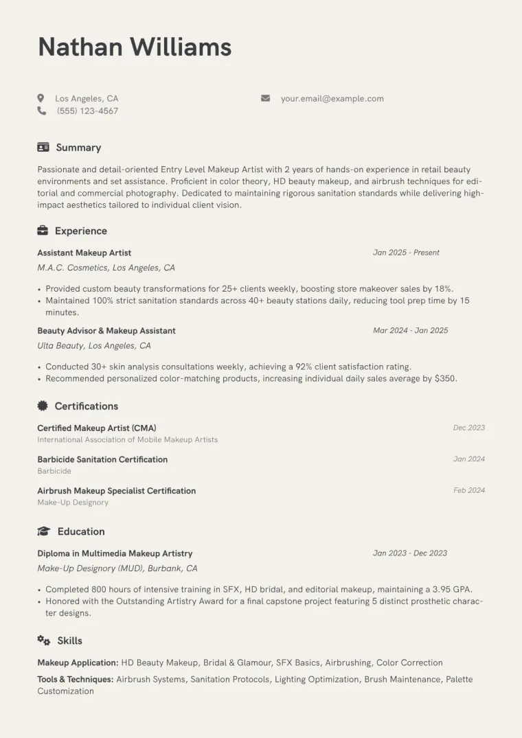 Entry Level Makeup Artist Resume Example CV template preview