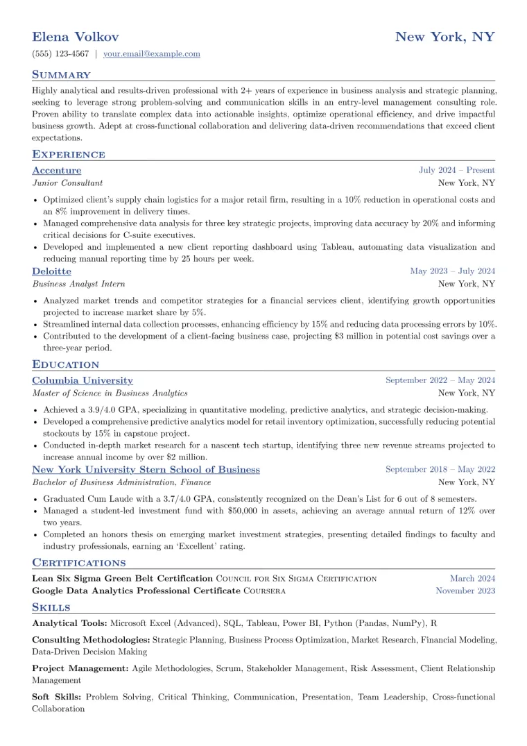 Entry-Level Management Consultant Resume Example CV template preview