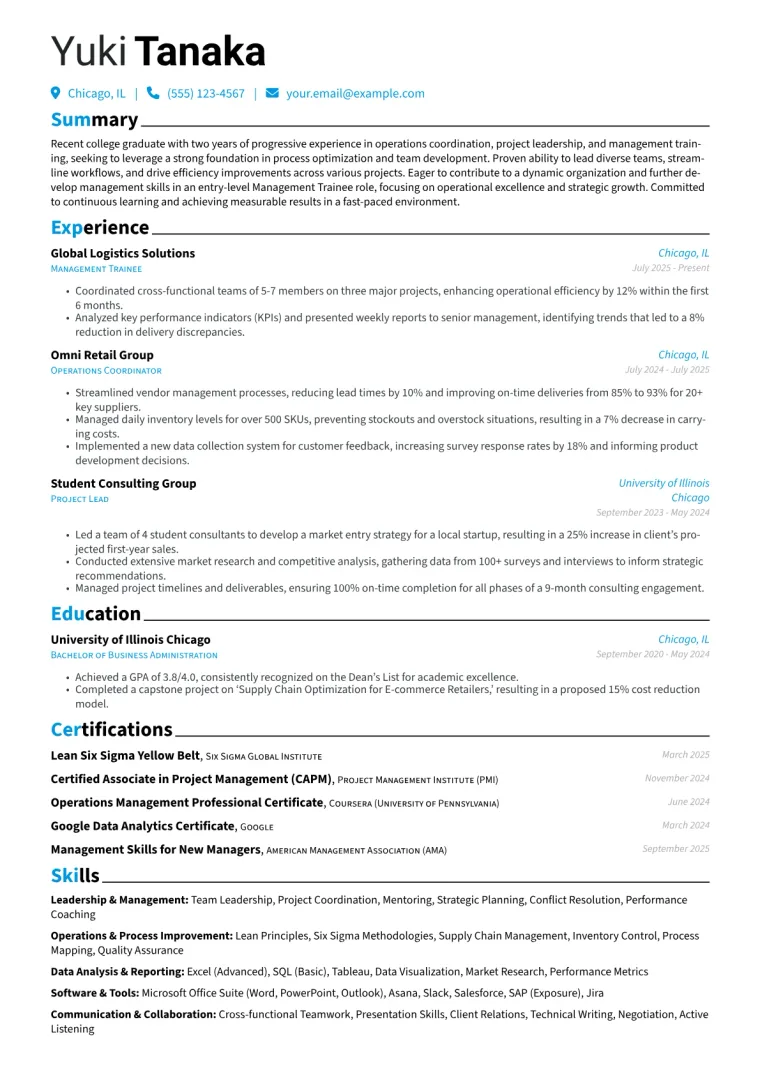 Entry-Level Management Trainee Resume Example preview