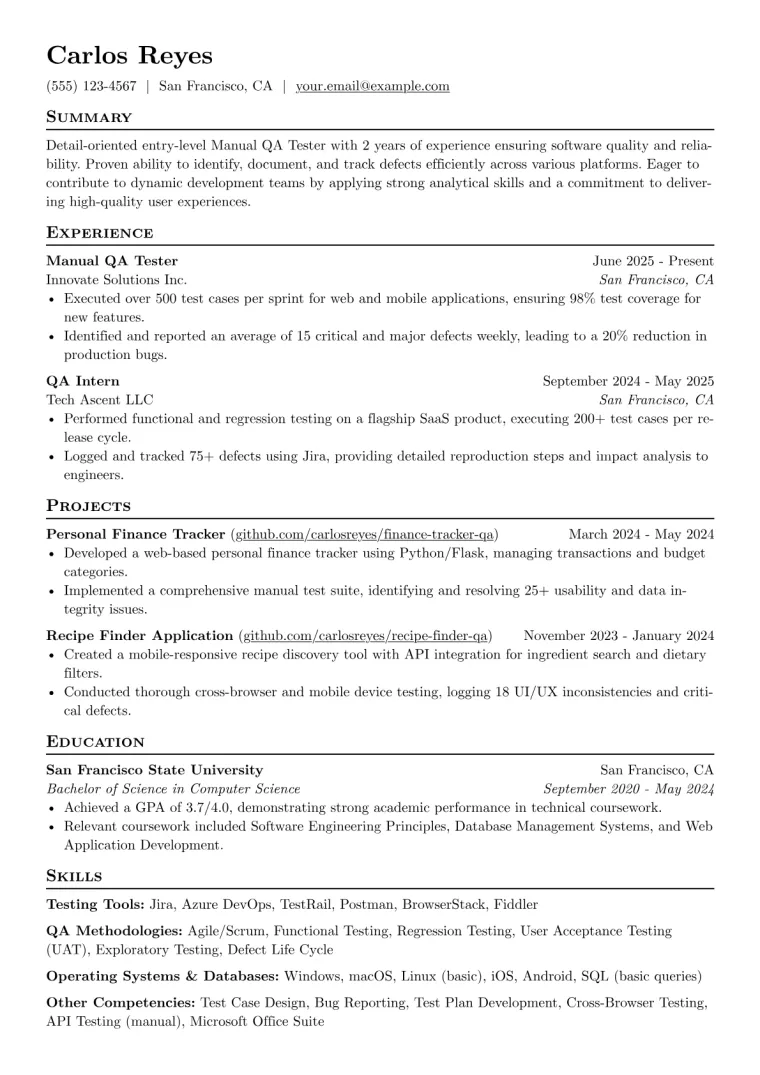 Entry-Level Manual Tester Resume Example CV template preview