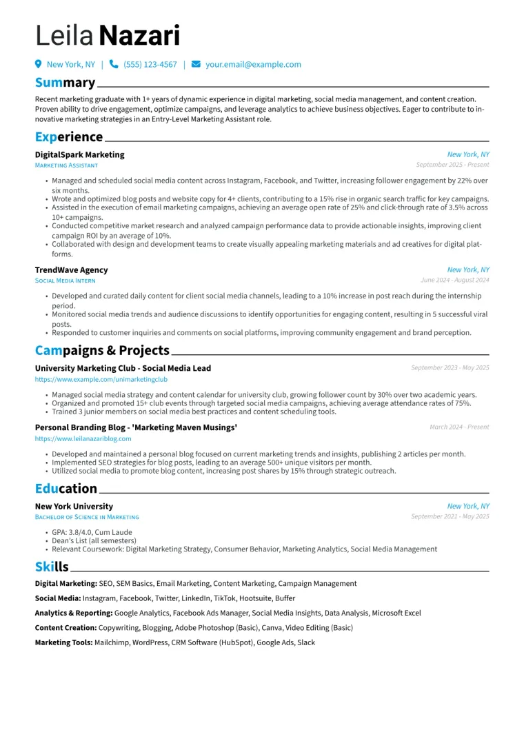 Entry-Level Marketing Assistant Resume Example CV template preview