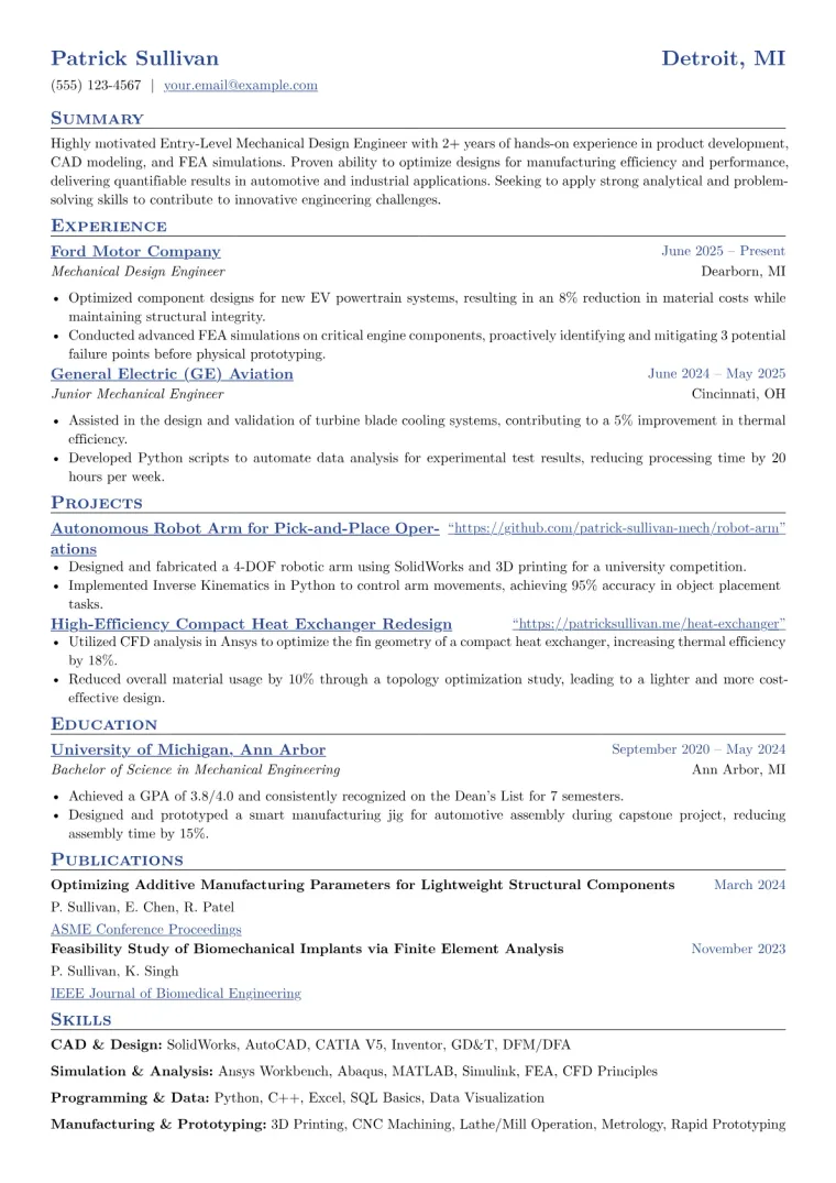 Entry-Level Mechanical Design Engineer Resume Example preview