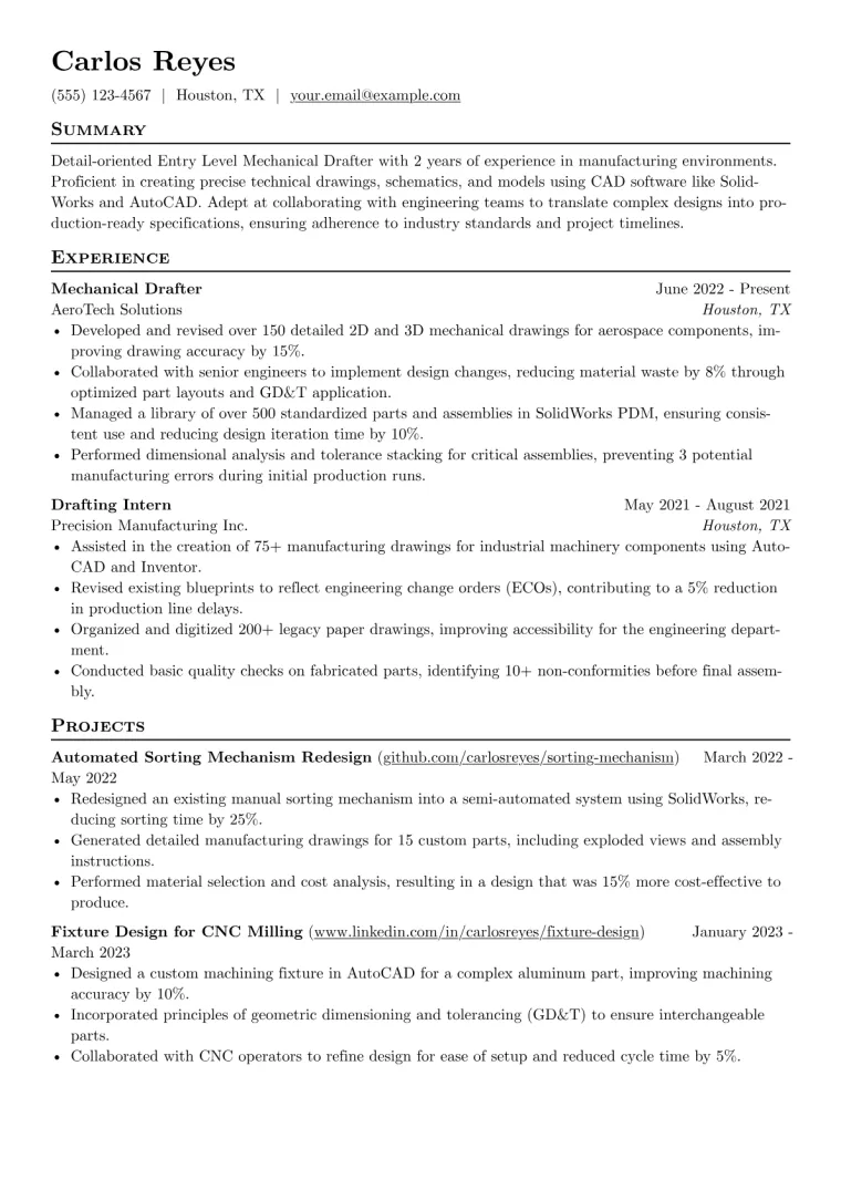 Entry Level Mechanical Drafter Resume Example CV template preview