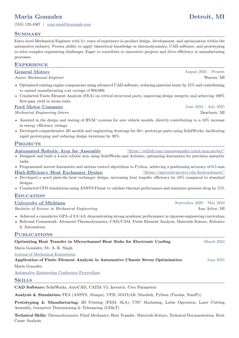 Entry Level Mechanical Engineer Resume Example CV template preview