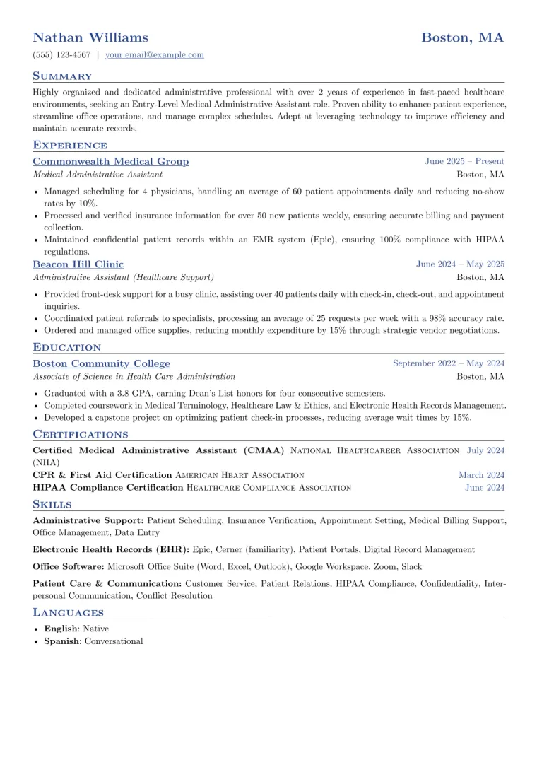 Entry-Level Medical Administrative Assistant Resume Example preview