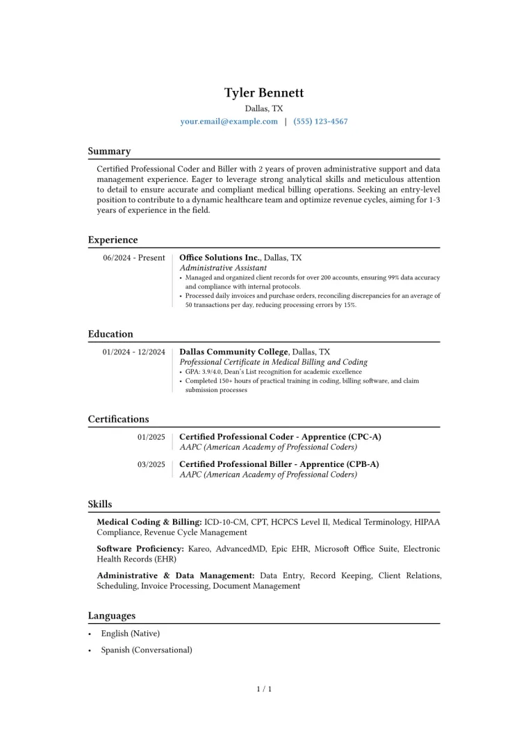 Entry-Level Medical Biller Resume Example CV template preview