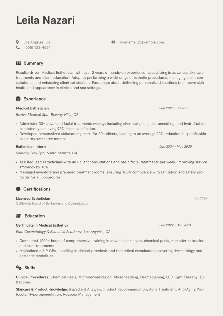 Entry-Level Medical Esthetician Resume Example CV template preview