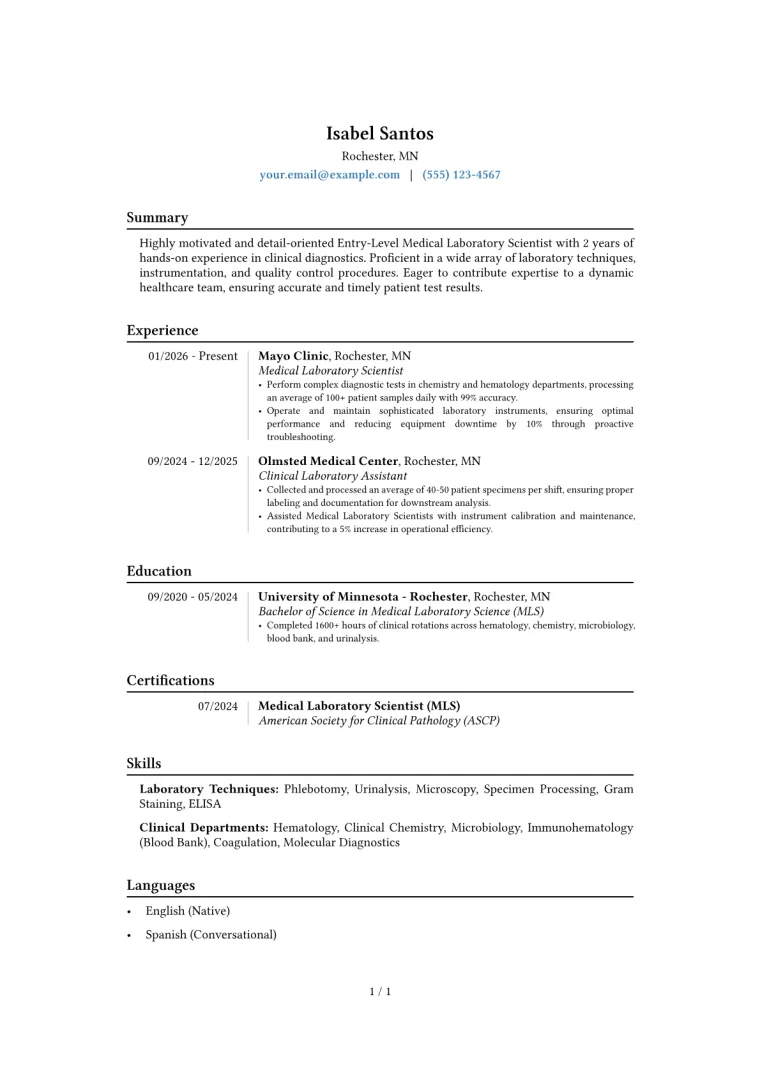 Entry-Level Medical Laboratory Scientist Resume Example CV template preview