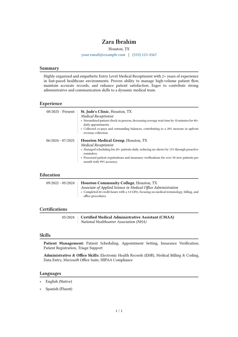 Entry Level Medical Receptionist Resume Example preview
