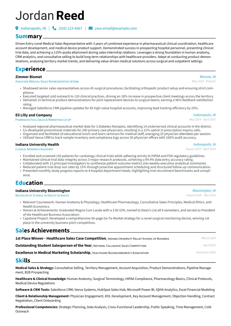 Entry-Level Medical Sales Representative Resume Example CV template preview
