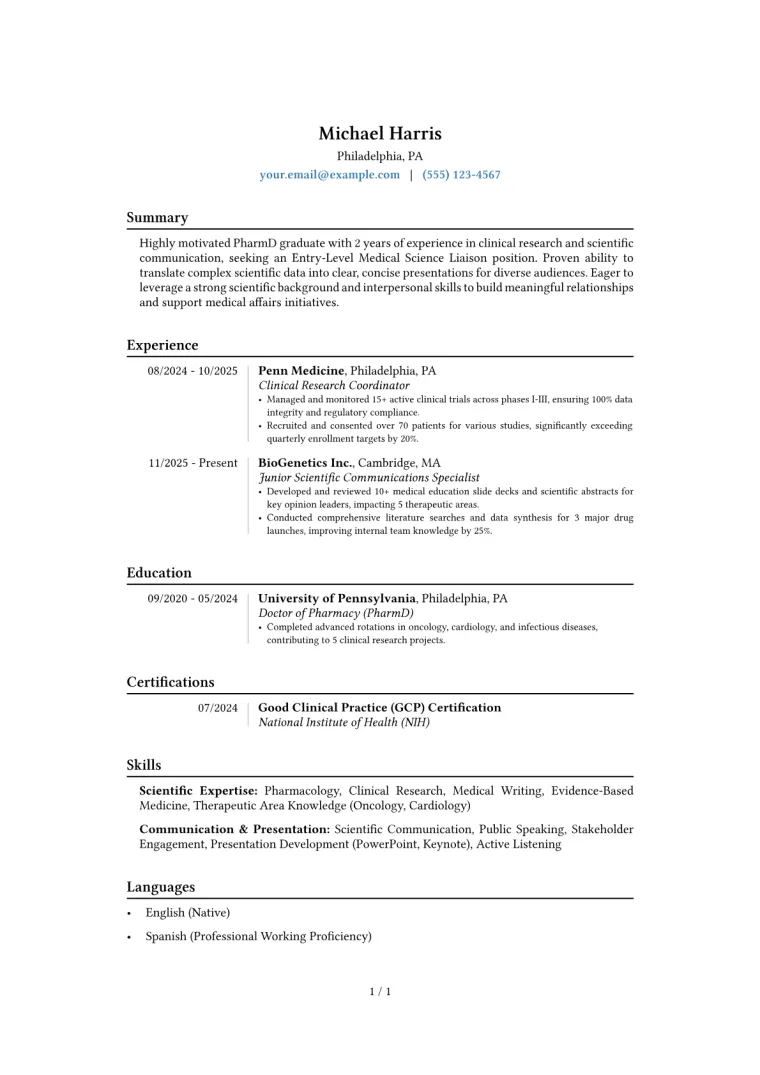Entry-Level Medical Science Liaison Resume Example preview