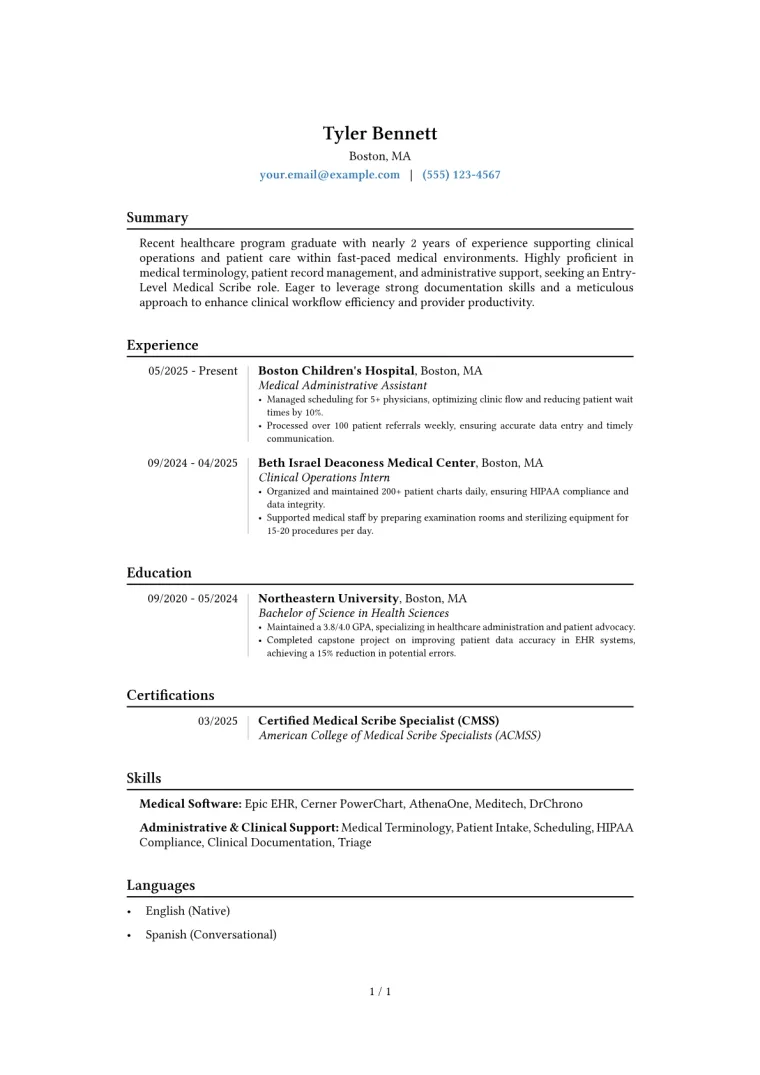 Entry-Level Medical Scribe Resume Example CV template preview