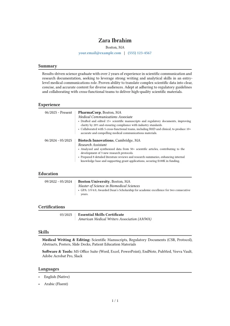 Entry-Level Medical Writer Resume Example CV template preview