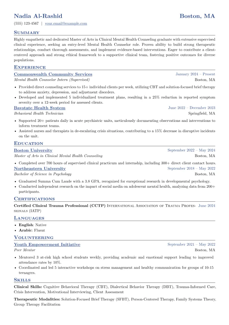 Entry Level Mental Health Counselor Resume Example CV template preview