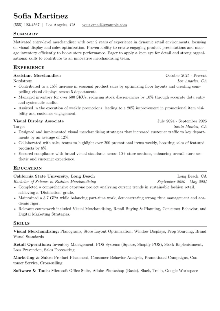 Entry Level Merchandiser Resume Example CV template preview