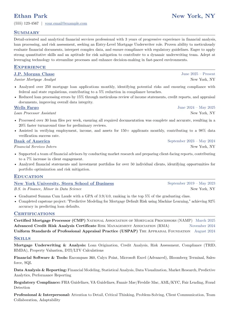 Entry Level Mortgage Underwriter Resume Example preview