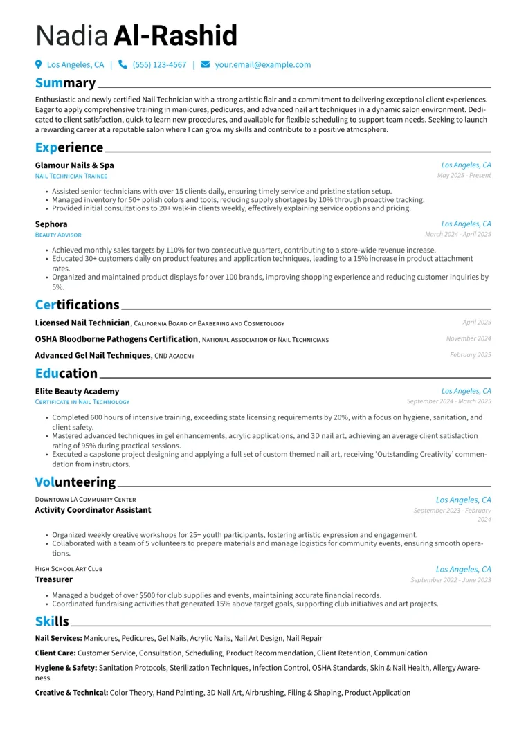 Entry-Level Nail Technician Resume Example preview