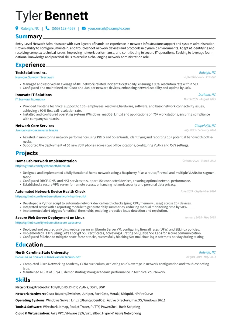 Entry-Level Network Administrator Resume Example CV template preview