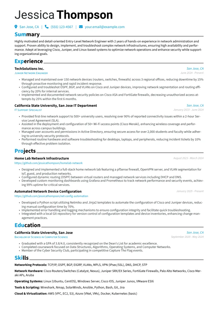 Entry-Level Network Engineer Resume Example CV template preview