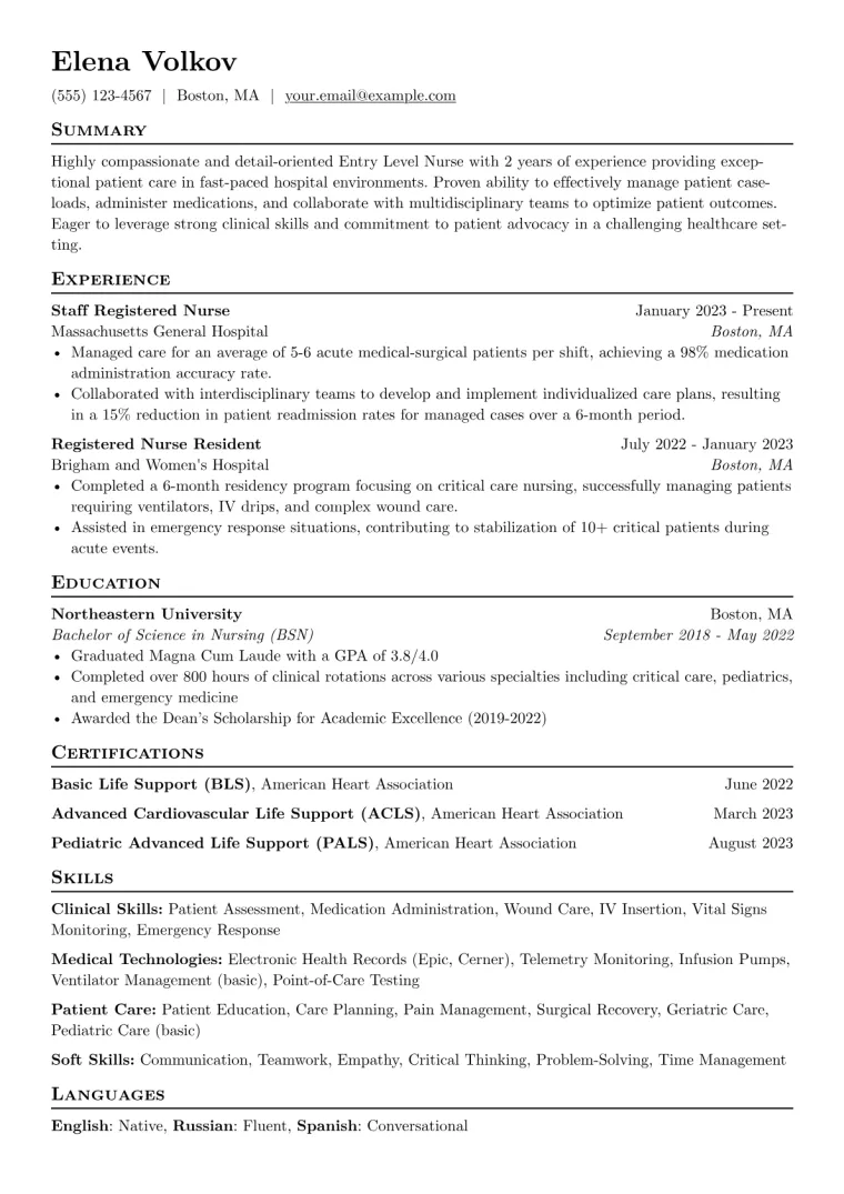 Entry Level Nurse Resume Example CV template preview