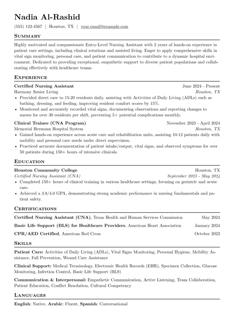 Entry-Level Nursing Assistant Resume Example CV template preview