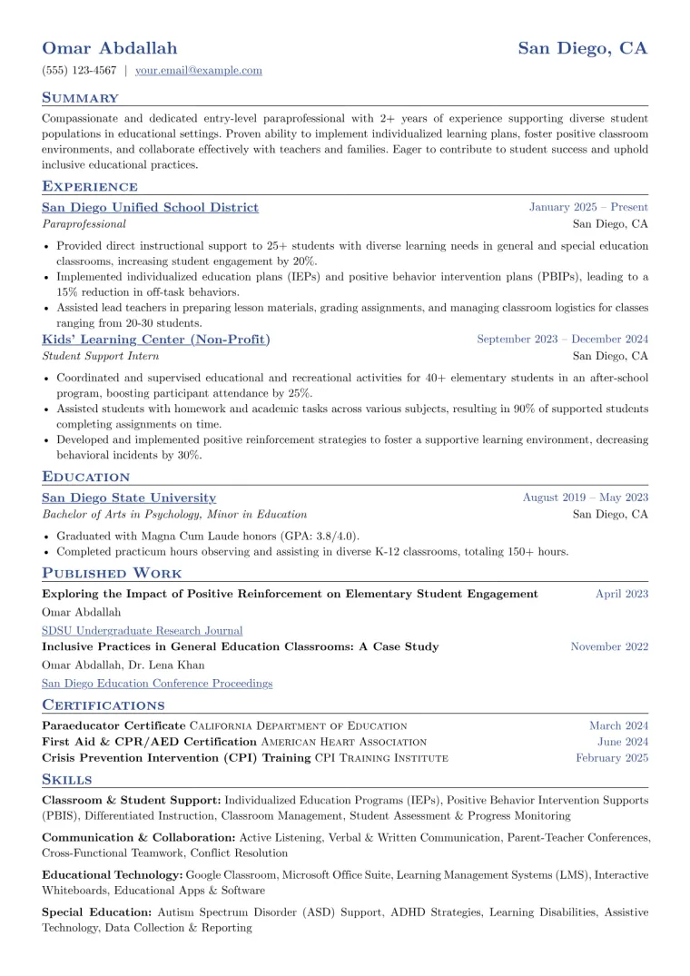 Entry-Level Paraprofessional Resume Example CV template preview