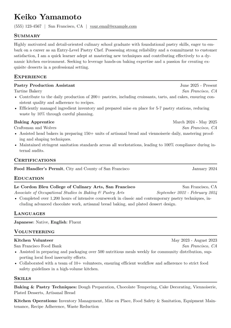 Entry-Level Pastry Chef Resume Example CV template preview