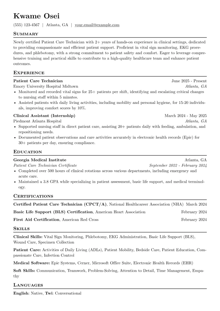 Entry-Level Patient Care Technician Resume Example CV template preview