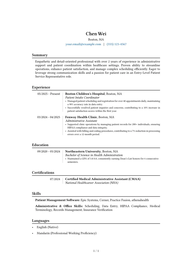 Entry-Level Patient Service Representative Resume Example preview