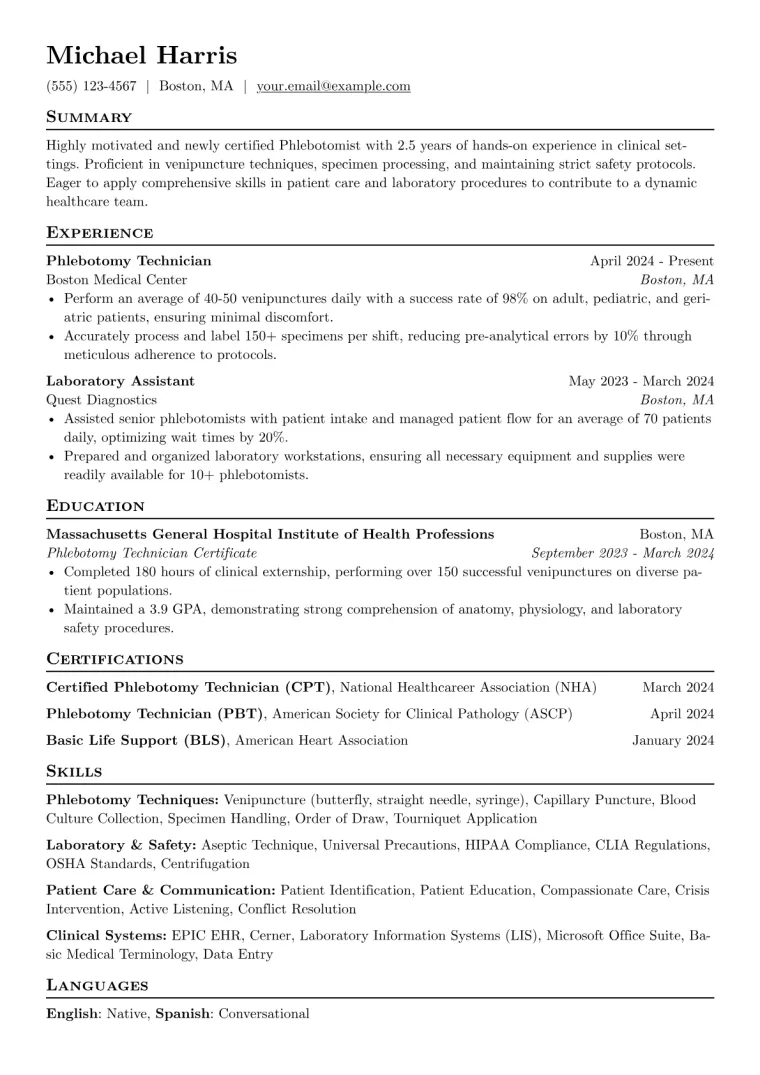 Entry Level Phlebotomist Resume Example CV template preview