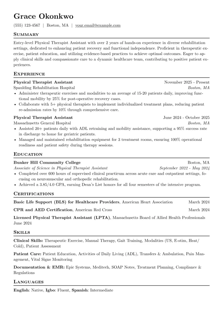 Entry-Level Physical Therapist Assistant Resume Example preview