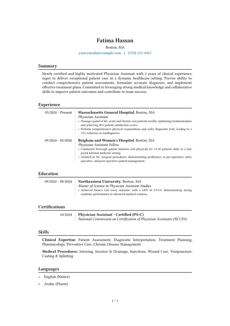 Entry-Level Physician Assistant Resume Example CV template preview