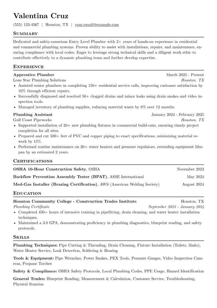 Entry Level Plumber Resume Example CV template preview