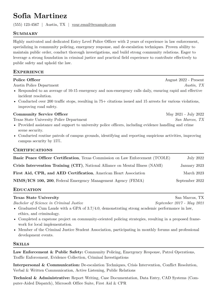 Entry Level Police Officer Resume Example CV template preview