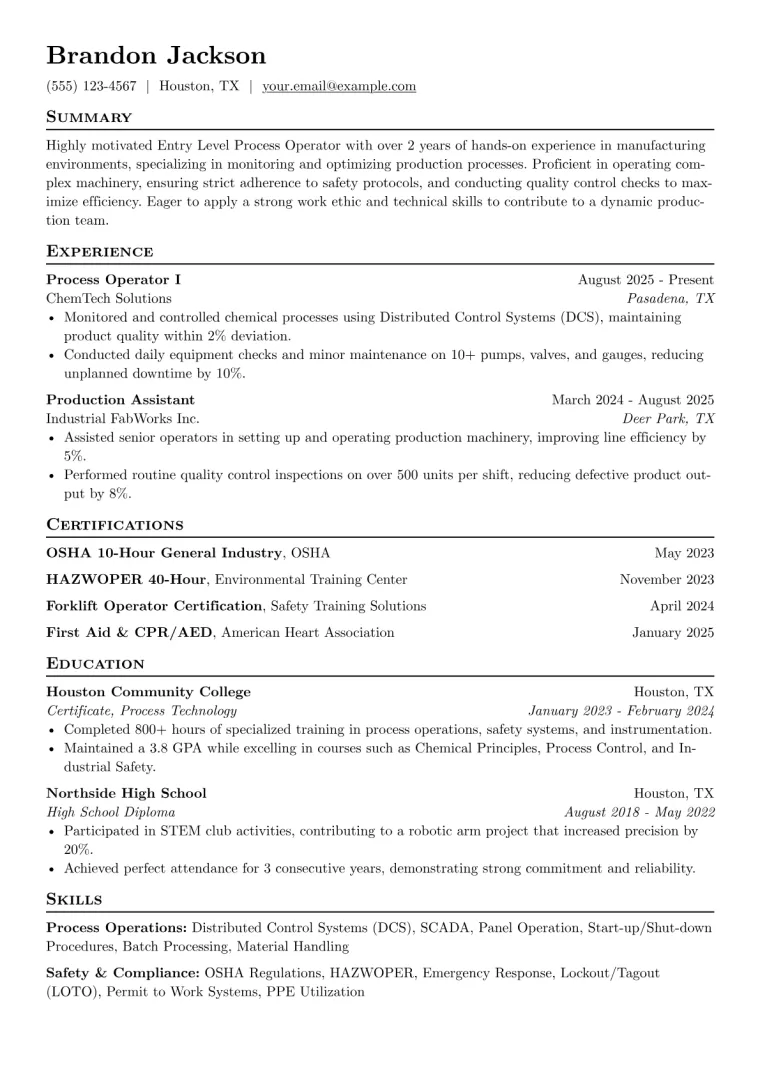 Entry Level Process Operator Resume Example preview