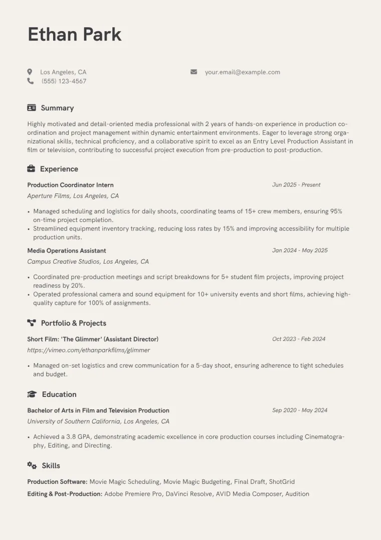 Entry Level Production Assistant Resume Example CV template preview