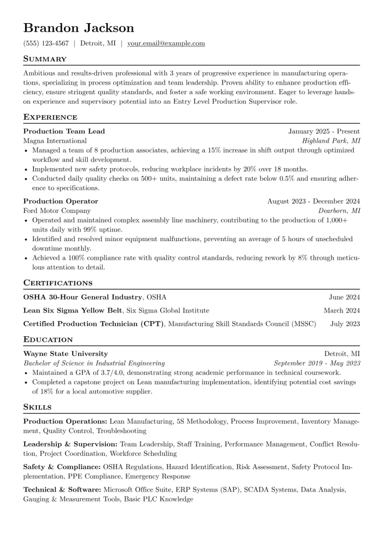 Entry Level Production Supervisor Resume Example preview