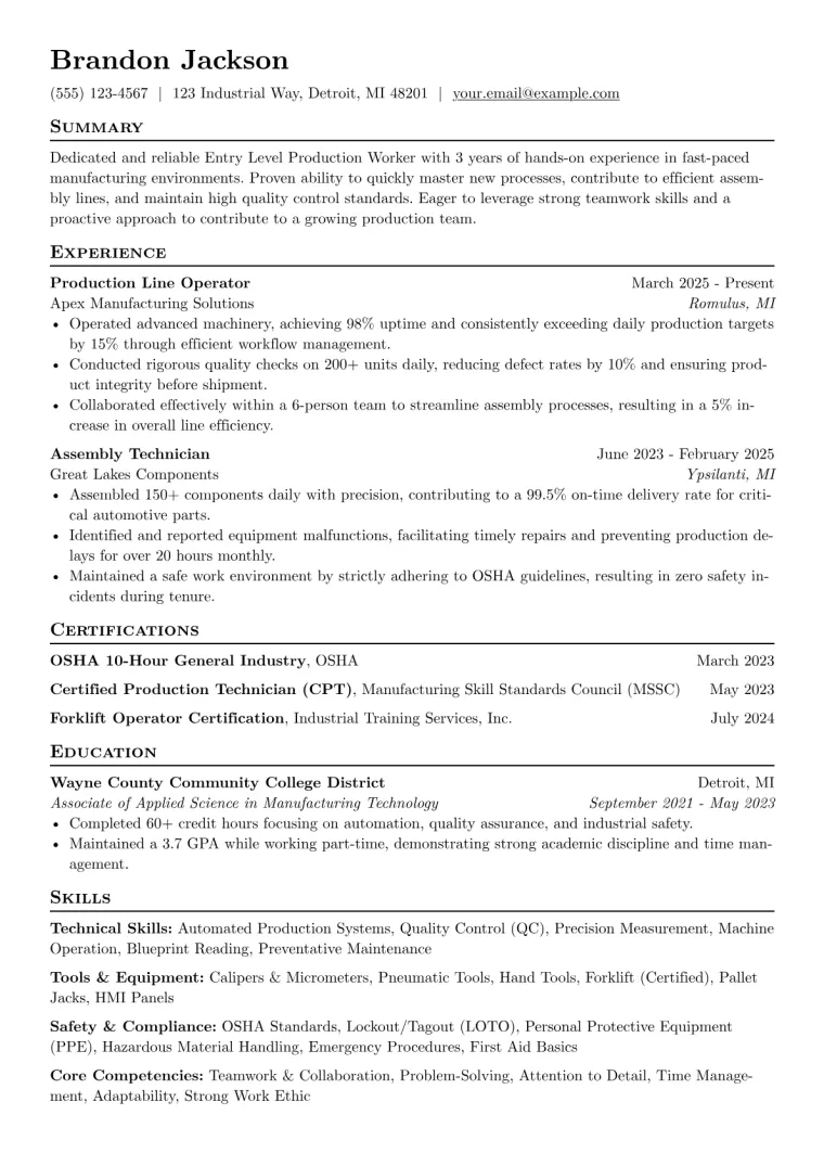 Entry Level Production Worker Resume Example CV template preview