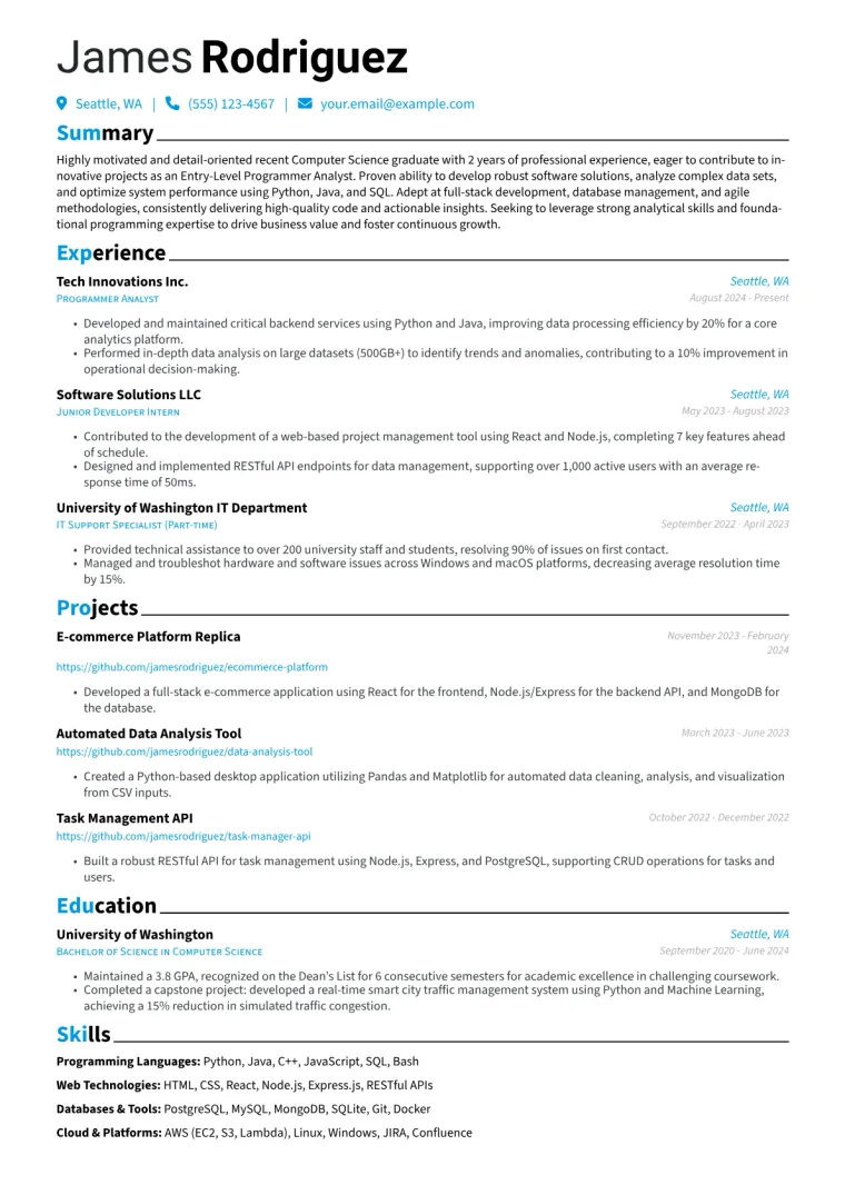 Entry-Level Programmer Analyst Resume Example CV template preview