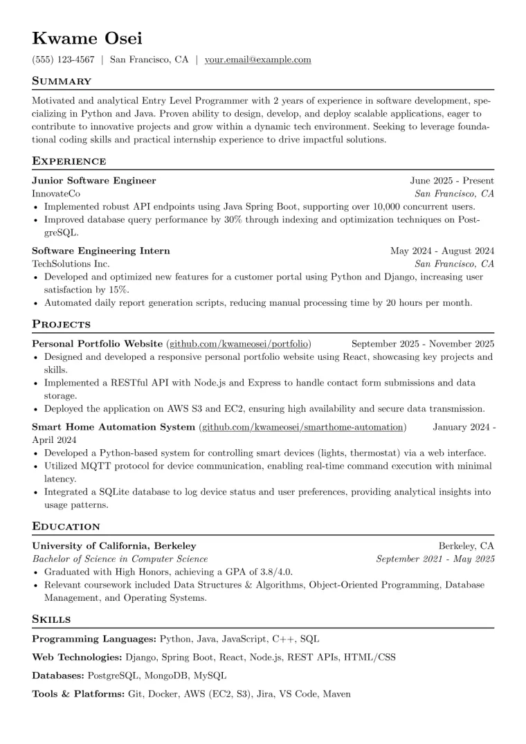 Entry Level Programmer Resume Example CV template preview