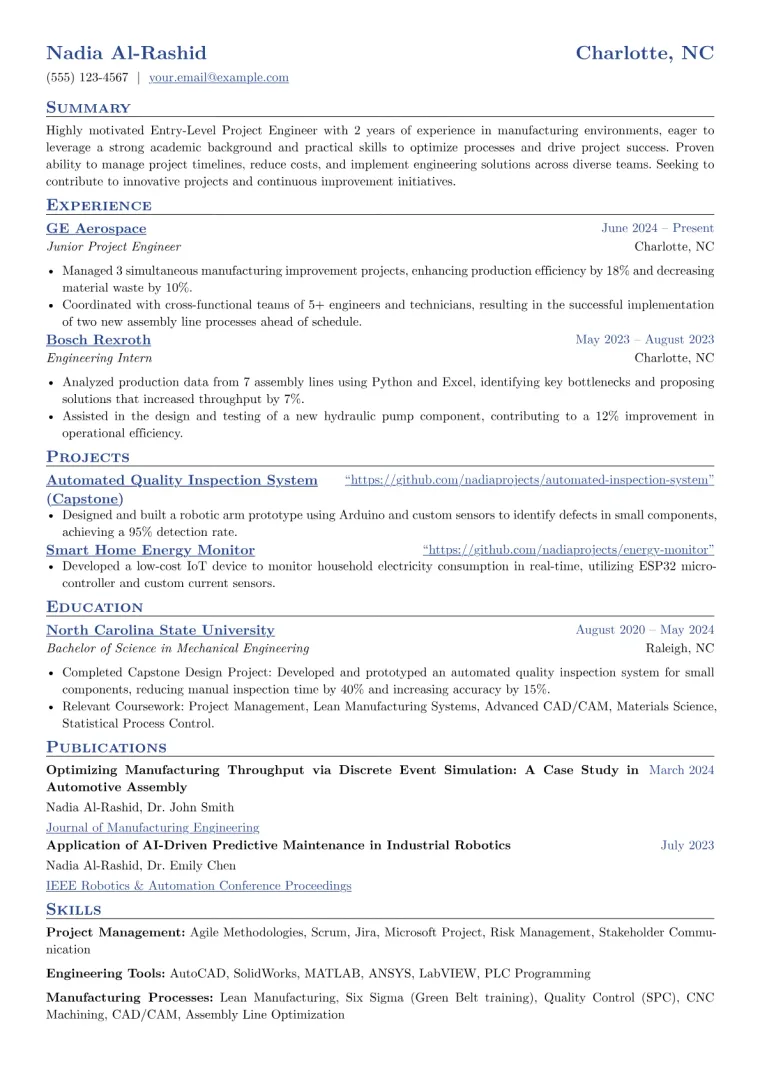 Entry-Level Project Engineer Resume Example CV template preview