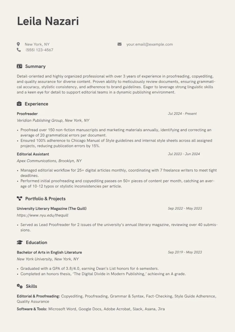 Entry-Level Proofreader Resume Example CV template preview
